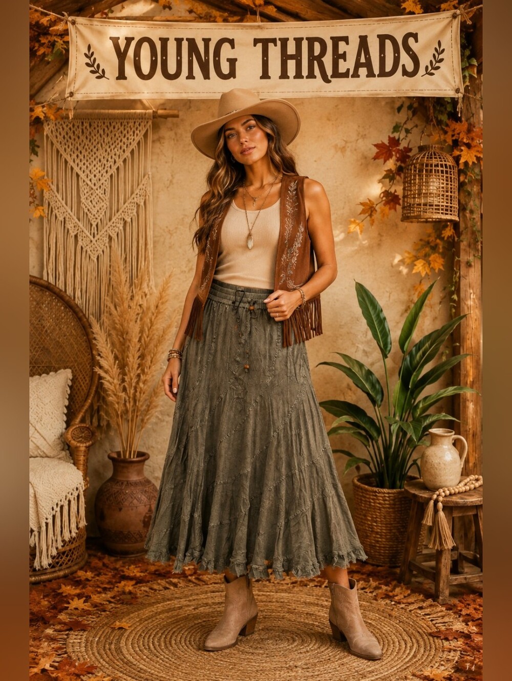 196 Young Threads Olive Maxi Skirt with Textured Detail
